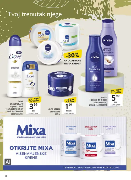 Konzum katalog — stranica 8: Dove DEZODORANS u spreju, 150ml, NIVEA MLEKO ZA TIJELO, OLEA KREMA univerzalna, Mixa PANTHENOL COMFORT anti-scratching cream (vrijedi 21. 09. 2026.–04. 10. 2026.)