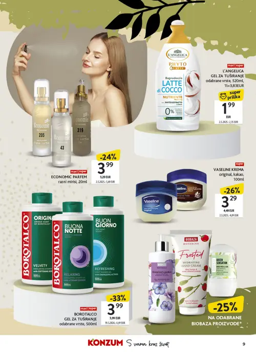 Konzum katalog — stranica 9: BOROTALCO GEL ZA TUŠIRANJE odabrane vrste, VASELINE KREMA original, kakao, ECONOMIC PARFEM, L'ANGELICA GEL ZA TUŠIRANJE odabrane vrste (vrijedi 21. 09. 2026.–04. 10. 2026.)