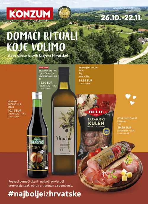 Konzum katalog — stranica 1: ISTARSKI ŽLOMPRT, BARANJSKI KULEN, BRACHIA EKSTRA DJEVIČANSKO MASLINOVO ULJE, HLADNIĆ BUČINO ULJE (vrijedi 26.10.–22.11.2026.)