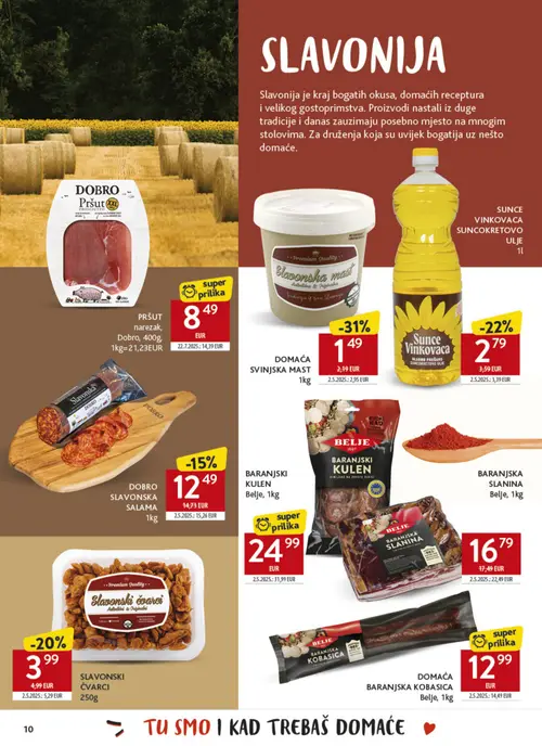 Konzum katalog — stranica 10: DOBRO PRŠUT narezak, DOMAĆA SVINJSKA MAST, BELJE BARANJSKA SLANINA, SLAVONSKI ČVARCI (vrijedi 26.10.–22.11.2026.)