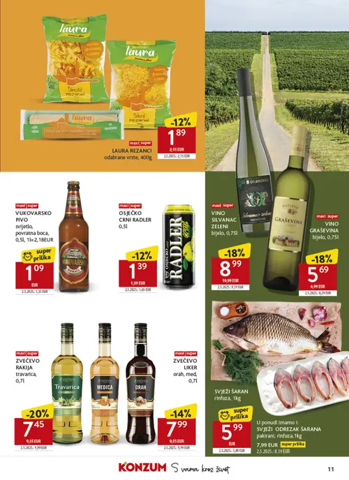 Konzum katalog — stranica 11: SVJEŽI ŠARAN pakirani, ZVEČEVO RAKIJA travarica, VUKOVARSKO PIVO, VINO GRAŠEVINA bijelo (vrijedi 26.10.–22.11.2026.)