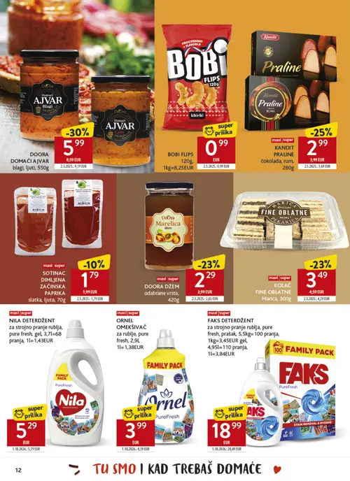 Konzum katalog — stranica 12: DOORA DOMAĆI AJVAR blagi, ljuti, 550g, KANDIT PRALINE čokolada, rum, 280g, MARICA KOLAČ FINE OBLATNE Marica, 300g, DOORA DŽEM odabrane vrste, 420g (vrijedi 26.10.–22.11.2026.)