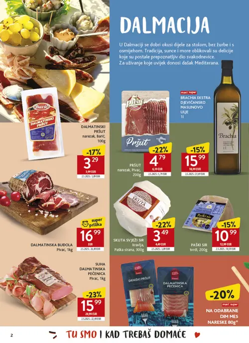 Konzum katalog — stranica 2: SUHA DALMATINSKA PEČENICA, Pivac PRŠUT narezak, SKUTA SJEŽI SIR kravlja, Baric DALMATINSKI PRŠUT narezak (vrijedi 26.10.–22.11.2026.)