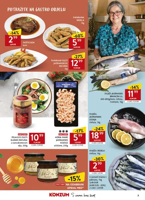 Konzum katalog — stranica 3: PANIRANA SRDELA, APIDAL MED*, PANIRANI FILETI JADRANSKOG INĆUNA, SVJEŽA JADRANSKA LIGNJA rlnfuza (vrijedi 26.10.–22.11.2026.)