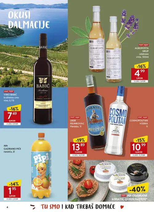 Konzum katalog — stranica 4: Maraska LIKER PELINKOVAC Maraska, Vino Babić kvalitetno crno vino, COSMOPOLITAN VODKA, PIPI GAZIRANO PIĆE naranča (vrijedi 26.10.–22.11.2026.)