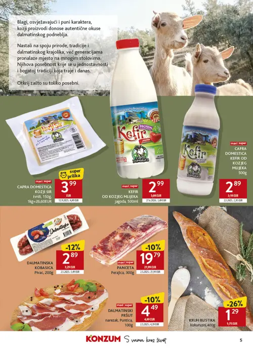 Konzum katalog — stranica 5: KRUH RUSTIKA kukuruzni, 400g, CAPRA DOMESTICA Kefir Jagoda, 500ml, DALMATINSKA KOBASICA Plavac, 200g, CAPRA DOMESTICA KOZJI SIR tvrdi, 150g (vrijedi 26.10.–22.11.2026.)