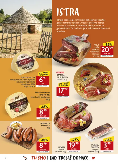 Konzum katalog — stranica 6: ISTARSKA PANCETA dimljena, PRŠUT RUŽA bez kosti, vakumiran, ISTARSKI ŽLOMPRT, ŠPIN ISTARSKI SIR S TARTUFIMA tvrdi, kravlji, Agrolaguna, 230g (vrijedi 26.10.–22.11.2026.)