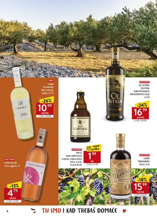 Konzum katalog — stranica 8: ZIGANTE VINO ISTARSKA MALVAZIJA bijelo, OL ISTRIJA EKSTRA DJEVIČANSKO MASLINOVO ULJE, SAN SERVLO PVO SAN SERVLO svještlo, nepovratna boca, ROSSI LIKER TERANINO Rossi (vrijedi 26.10.–22.11.2026.)