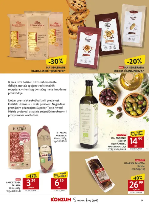 Konzum katalog — stranica 9: Histris PANCETTOA SALAMA, SAN ANTONIO EKSTRA DJEVIČANSKO MASLINOVO ULJE, Buretić ISTARSKA PANCETA, Delicia ŠEĆERA SUGAR FREE CHOCOLIX (vrijedi 26.10.–22.11.2026.)