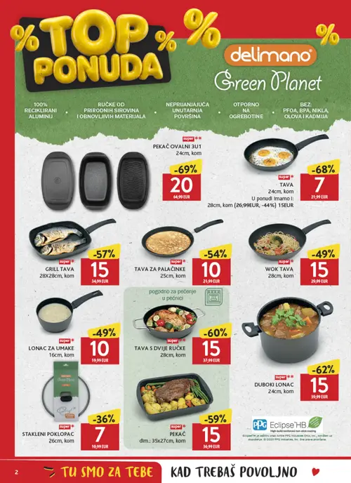 Konzum katalog — stranica 2: delimano PEKAČ OVALNI 3U1, delimano TAVA, delimano DUBOKI LONAC, delimano TAVA S DVIJE RUČKE (vrijedi 09.10.–31.10.2026.)