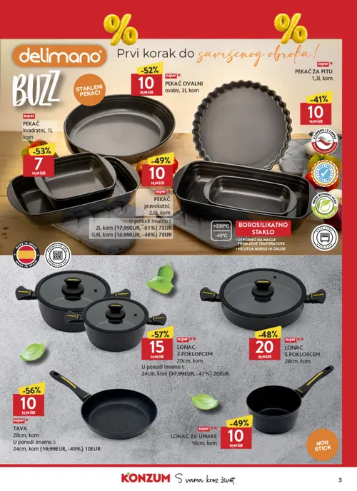 Konzum katalog — stranica 3: lonac s poklopcem, TAVA, delimano PEKAČ, delimano PEKAČ OVALNI (vrijedi 09.10.–31.10.2026.)