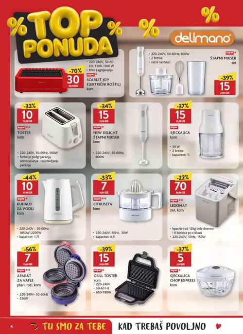 Konzum katalog — stranica 4: delimano ELEKTRIČNI ROŠTILJ, delimano APARAT ZA VAFLE, delimano KUHALO ZA VODU, delimano ŠTAPNI MIKSER (vrijedi 09.10.–31.10.2026.)