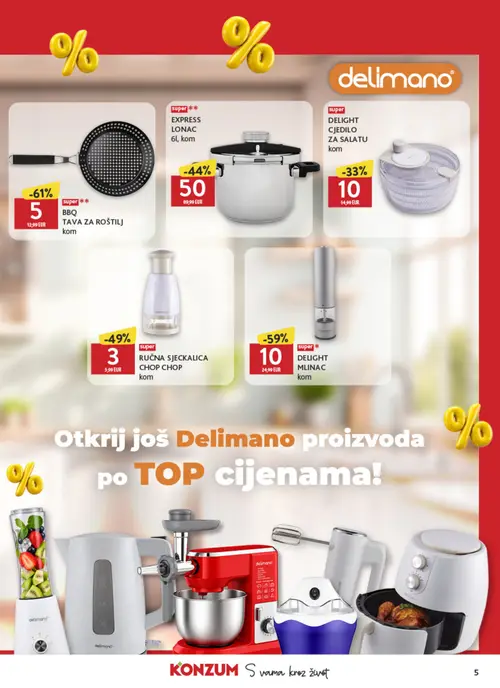 Konzum katalog — stranica 5: delimano BBQ TAVA ZA ROŠTILJ, delimano DELIGHT MLINAC, delimano RUČNA SJECKALICA CHOP CHOP, delimano EXPRESS LONAC (vrijedi 09.10.–31.10.2026.)