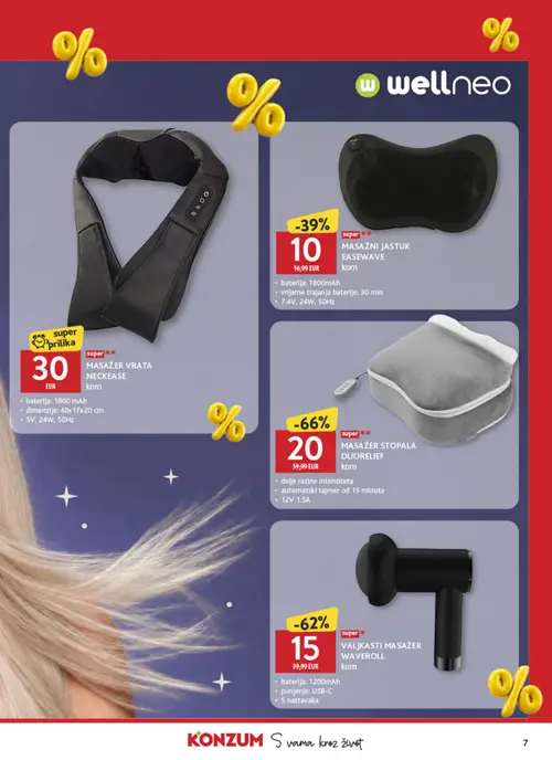 Konzum katalog — stranica 7: MASAŽER STOPALA DUORELIEF, VALJKASTI MASAŽER WAVERROLL, MASAŽNI JASTUK EASEWAVE, MASAŽER VRATA NECKEASE (vrijedi 09.10.–31.10.2026.)