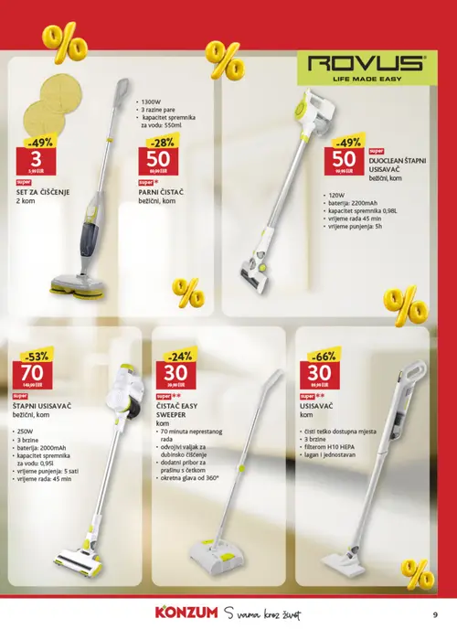 Konzum katalog — stranica 9: USISAVAČ, ŠTAPNI USISAVAČ bežični, ROVUS DUOCLEAN ŠTAPNI USISAVAČ, PARNI ČISTAČ bežični (vrijedi 09.10.–31.10.2026.)