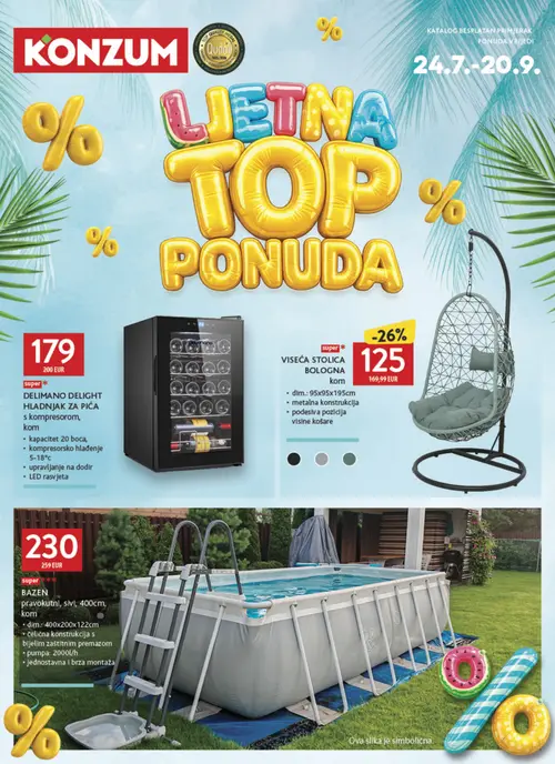 Konzum katalog — stranica 1: VISEĆA STOLICA BOLOGNA, BAZEN PRAVOKUTNI, 400x200x122cm, DELIMANO DELIMANO DELIGHT HLADNJAK ZA PIĆA (vrijedi 24. 07. 2026.–20. 09. 2026.)