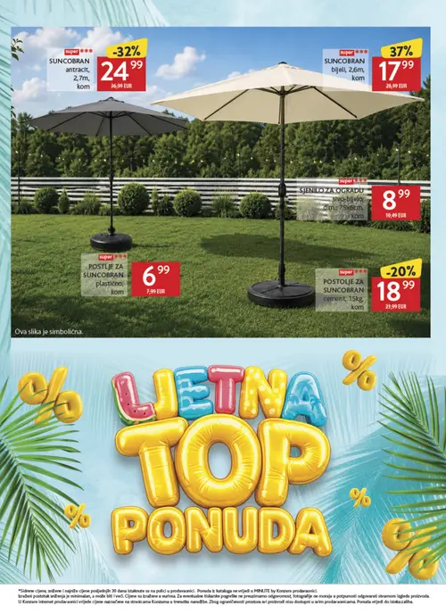 Konzum katalog — stranica 10: SUNCOBRAN bijeli, 2,6m, SUNCOBRAN antracit, 2,7m, POSTOLJE ZA SUNCOBRAN cement, 15kg, SJENILO ZA OGRADU sivo-bijelo, dim.: 75x6cm (vrijedi 24. 07. 2026.–20. 09. 2026.)