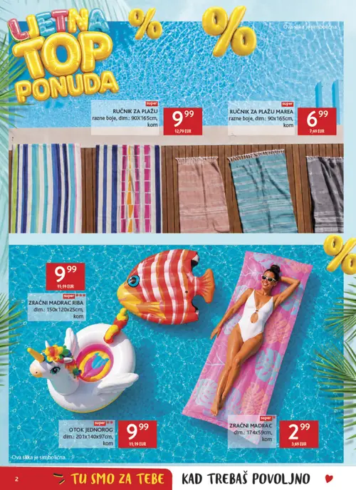 Konzum katalog — stranica 2: RUČNIK ZA PLAŽU, ZRAČNI MADRAC, OTOK JEDNOROG, ZRAČNI MADRAC RIBA (vrijedi 24. 07. 2026.–20. 09. 2026.)