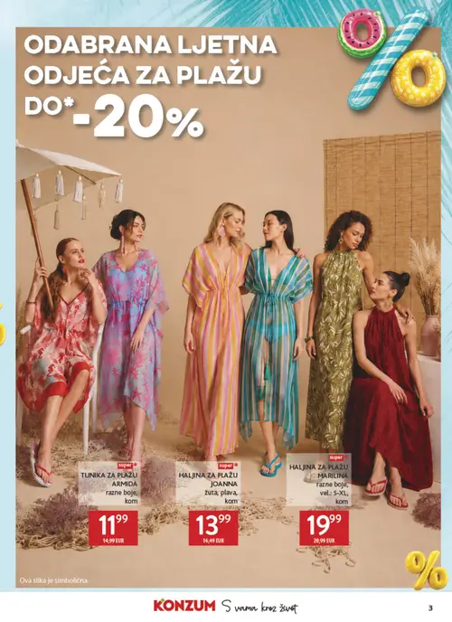 Konzum katalog — stranica 3: TUNIKA ZA PLAŽU ARMIDA razne boje, HALJINA ZA PLAŽU JOANNA žuta, plava, HALJINA ZA PLAŽU MARILINA razne boje (vrijedi 24. 07. 2026.–20. 09. 2026.)