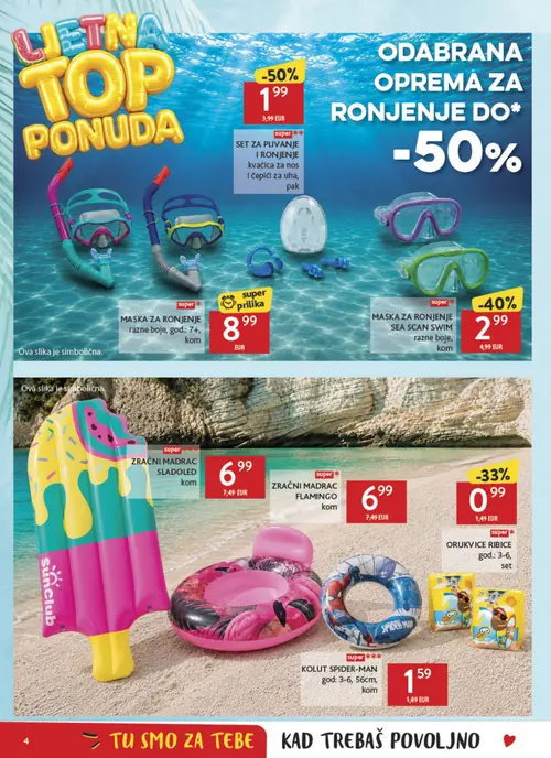 Konzum katalog — stranica 4: SET ZA PLIVANJE I RONJENJE, MASKA ZA RONJENJE SEA SCAN SWIM, ORUKVICE RIBICE, KOLUT SPIDER-MAN (vrijedi 24. 07. 2026.–20. 09. 2026.)