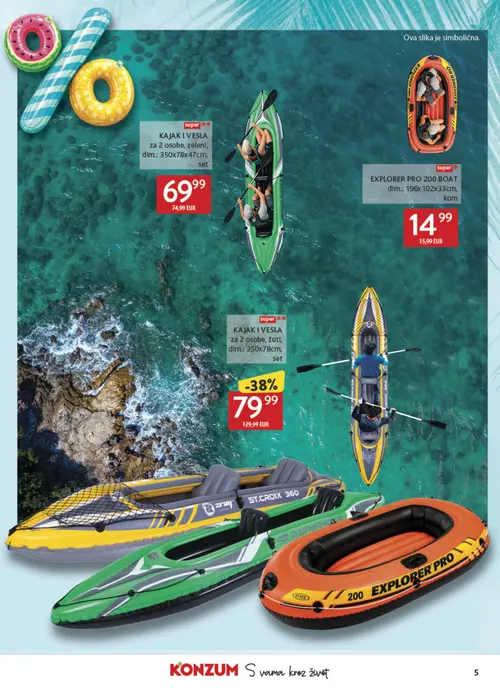 Konzum katalog — stranica 5: KAJAK I VESLA za 2 osobe, žuti, set, KAJAK I VESLA za 2 osobe, zeleni, set, EXPLORER PRO 200 BOAT, kom (vrijedi 24. 07. 2026.–20. 09. 2026.)