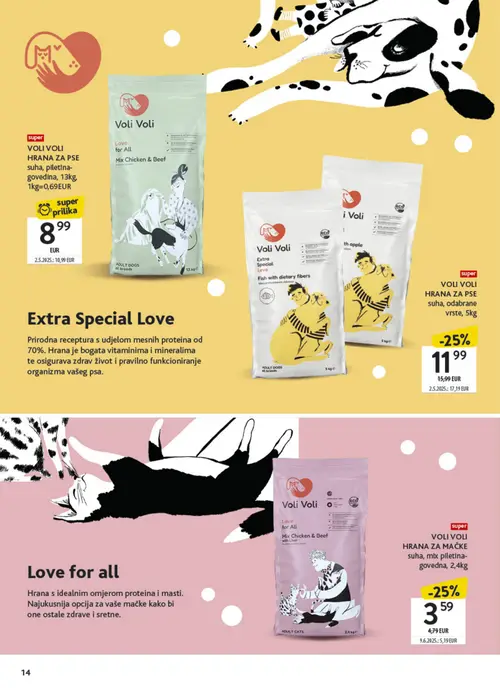 Konzum katalog — stranica 14: Voli Voli VOLI VOLI HRANA ZA MAČKE suha, mix piletina-govedna, 2,4kg, Voli Voli VOLI VOLI HRANA ZA PSE suha, odabrane vrste, 5kg, Voli Voli VOLI VOLI HRANA ZA PSE suha, piletina-govedina, 13kg (vrijedi 06. 07. 2026.–26. 07. 2026.)