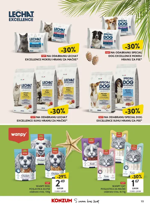 Konzum katalog — stranica 15: WANPY WANPY CAT POSLASTICA ZA MAČKE, WANPY WANPY DOG POSLASTICA ZA PSE, LECHAT LECHAT EXCELLENCE ADULT, SPECIAL DOG SPECIAL DOG EXCELLENCE MEDIUM ADULT (vrijedi 06. 07. 2026.–26. 07. 2026.)