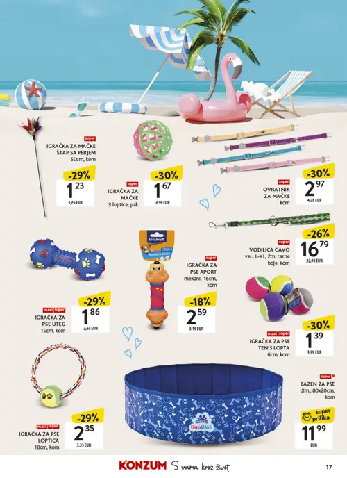 Konzum katalog — stranica 17: IGRAČKA ZA PSE TENIS LOPTA 6cm, kom, OVratnik za mačke, IGRAČKA ZA MAČKE 3 loptice, pak, IGRAČKA ZA PSE LOPTICA 18cm, kom (vrijedi 06. 07. 2026.–26. 07. 2026.)