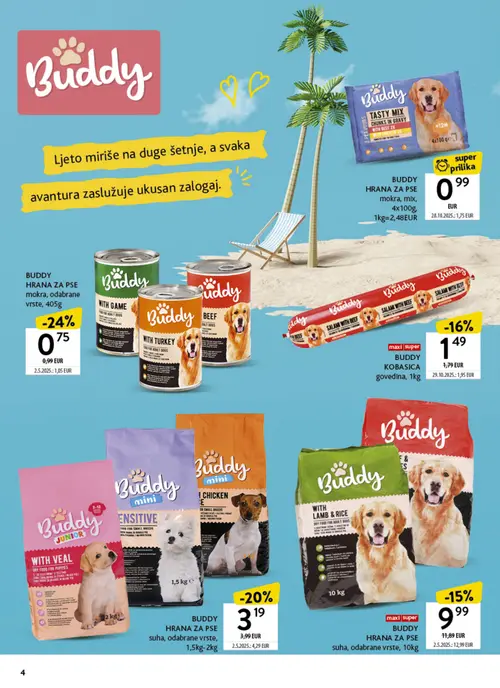 Konzum katalog — stranica 4: BUDDY HRANA ZA PSE mokra, mix, BUDDY HRANA ZA PSE mokra, odabrane vrste, BUDDY HRANA ZA PSE suha, odabrane vrste, BUDDY KOBASICA govedina (vrijedi 06. 07. 2026.–26. 07. 2026.)
