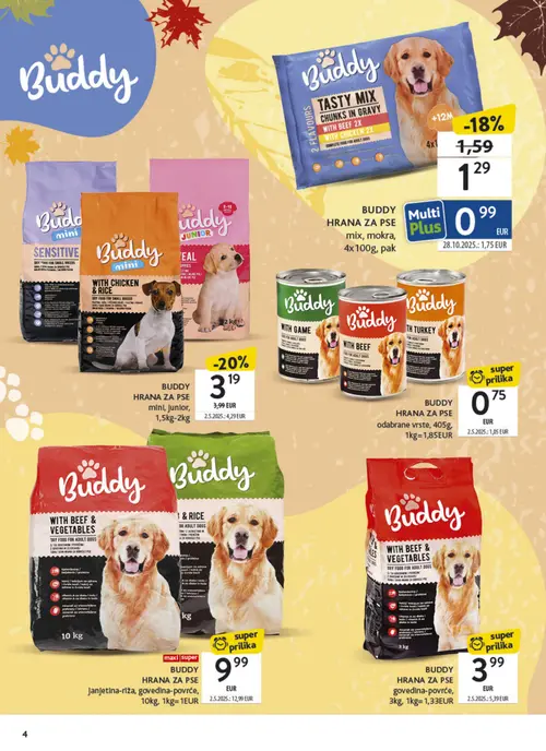 Konzum katalog — stranica 4: Buddy Hrana za pse Janjetina-riža, govedina-povrće, Buddy Hrana za pse mini, Junior, Buddy Tasty Mix Chunks in Gravy with Beef 2x, With Chicken 2x, Buddy with Beef (vrijedi 05.10.–18.10.2026.)