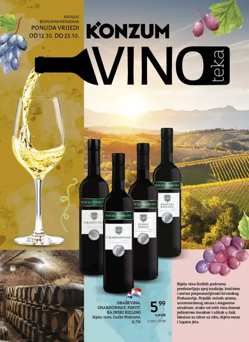 Konzum katalog — stranica 1: Iločki Podrumi Graševina, Chardonnay, Pinot, Rajnski Rizling, bijelo vino (vrijedi 12.10.–25.10.2026.)