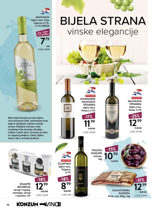 Konzum katalog — stranica 10: DALMATINSKA PANCETA Pivac, cca 300g, 1kg, MALVAZIJA ISTARSKA bijelo vino, Rossi, 0,75l, ZIGANTE KOLEKCIJA tartufi i vrganji, tartufata, tartufi i masline, 3/1, MALVAZIJA bijelo vino, Vina Laguna, 0,75l (vrijedi 12.10.–25.10.2026.)
