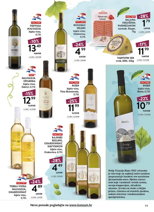 Konzum katalog — stranica 11: RAJNSKI RIZLING, CHARDONNAY, SAUVIGNON bijelo vino, SBERGER SALAMA OBLOŽENA PARMEZANOM narezak, POŠIP bijelo vino, Vina Skaramuča, TERRA VINEA MALVAZIJA CHARDONNAY bijelo vino (vrijedi 12.10.–25.10.2026.)
