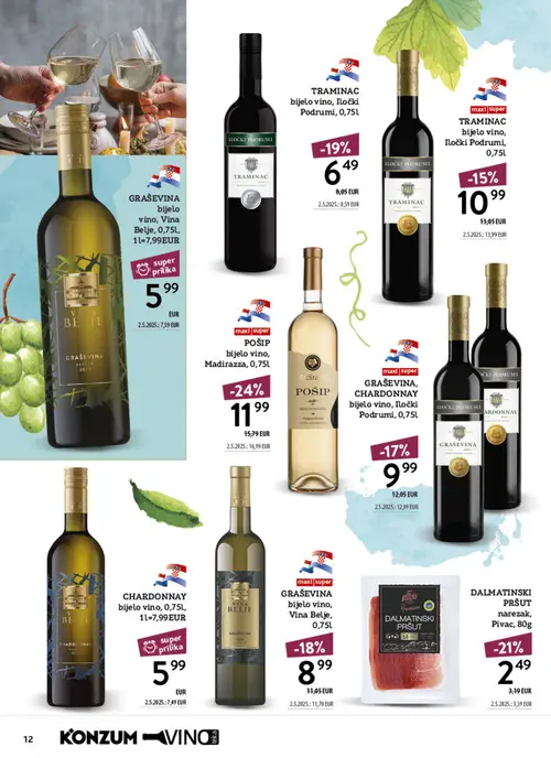 Konzum katalog — stranica 12: POŠIP bijelo vino, Madirazza, DALMATINSKI PRŠUT narezak, Pivac, GRAŠEVINA bijelo vino, Vina Belje, TRAMINAC bijelo vino, Iločki Podrumi (vrijedi 12.10.–25.10.2026.)