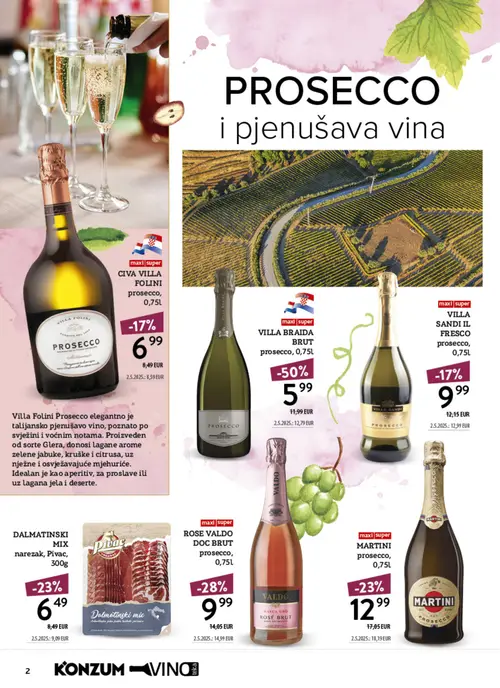 Konzum katalog — stranica 2: VILLA BRAIDA BRUT prosecco, 0,75l, VALDO ROSE VALDO DOC BRUT prosecco, 0,75l, Pivac DALMATINSKI MIX narezak, Pivac, 300g, MARTINI prosecco, 0,75l (vrijedi 12.10.–25.10.2026.)