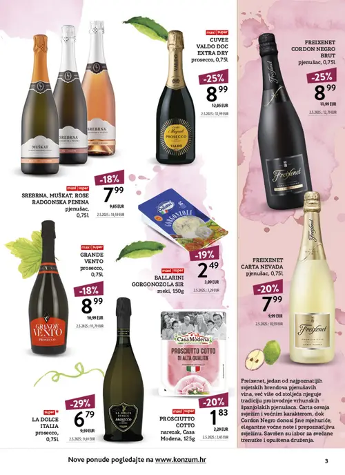 Konzum katalog — stranica 3: CUVER VALDO DOC EXTRA DRY prosecco, 0,75l, LA DOLCE ITALIA prosecco, 0,75l, FREIXENET CORDON NEGRO BRUT pjenjušac, 0,75l, Casa Modena PROSCIUTTO COTTO narezak, Casa Modena, 125g (vrijedi 12.10.–25.10.2026.)