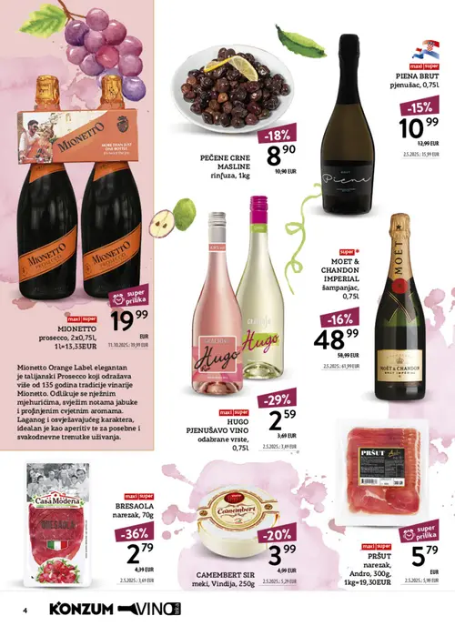 Konzum katalog — stranica 4: HUGO PJENUŠAVO VINO odabrane vrste, Casa Modena BRESAOLA narezak, MOET & CHANDON IMPERIAL šampanjac, Vindija CAMEMBERT SIR meki (vrijedi 12.10.–25.10.2026.)