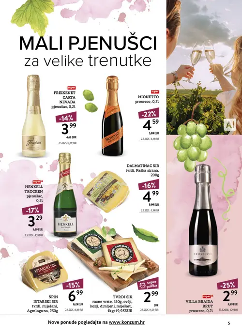 Konzum katalog — stranica 5: TVRDI SIR razne vrste, 150g, ovčji, kozji, dimljeni, miješani, 1kg=19,93EUR, VILLA BRAIDA BRUT prosecco, 0,2l, MIONETTO prosecco, 0,2l, HENKELL TROCKEN pjenušac, 0,2l (vrijedi 12.10.–25.10.2026.)