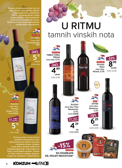 Konzum katalog — stranica 6: PLAVAC MALI crno vino, PLAVAC crno vino, TERRA VINEA TERAN crno vino, PELJEŠAC crno vino (vrijedi 12.10.–25.10.2026.)