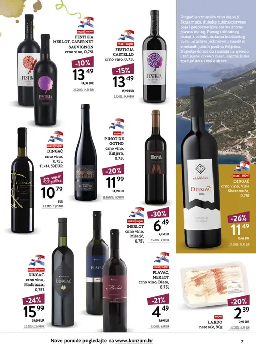 Konzum katalog — stranica 7: MERLOT crno vino, Milatić, 0,75l, DINGAČ crno vino, Madirazza, 0,75l, DINGAČ crno vino, Vina Skaramuča, 0,75l, PINOT DE GOTHO crno vino, Kutjevo, 0,75l (vrijedi 12.10.–25.10.2026.)