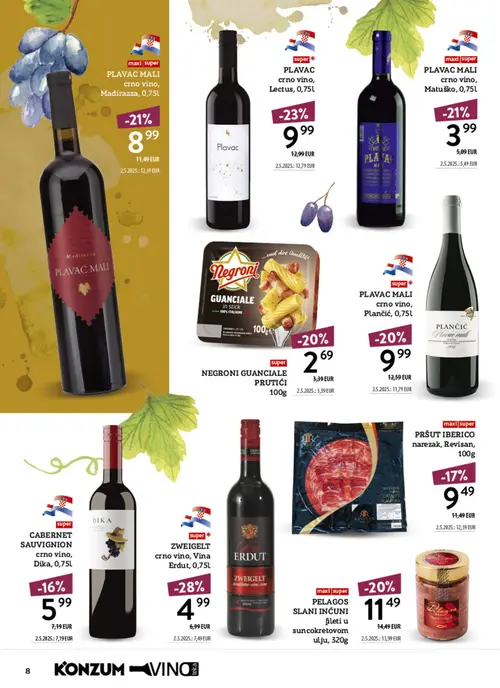 Konzum katalog — stranica 8: ZWEIGELT crno vino, Vina Erdut, 0,75l, PLAVAC crno vino, Lectus, 0,75l, PLAVAC MALI crno vino, Madirazza, 0,75L, PLAVAC MALI crno vino, Matuško, 0,75l (vrijedi 12.10.–25.10.2026.)