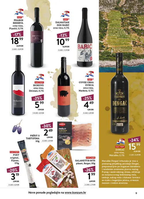 Konzum katalog — stranica 9: CUVEE CRNA SVINJA crno vino, PRŠUT S TARTUFIMA, BIOKOVO crno vino, Matusko DINGAČ crno vino (vrijedi 12.10.–25.10.2026.)