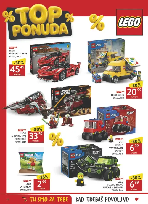 Konzum katalog — stranica 10: LEGO LEGO AHSOKIN JEDI PRESRETAČ 75401, LEGO LEGO VOZILO VATROGASNI KAMION 60482, LEGO LEGO VOZILO TRKAĆI AUTO IZ VIDEOIGRE 60484, LEGO LEGO FERRARI TECHNIC 42212 (vrijedi 19. 06. 2026.–19. 07. 2026.)