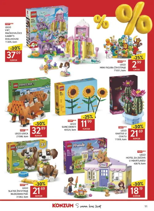 Konzum katalog — stranica 11: LEGO LEGO VRT MAČKOVILČICE GABBY'S DOLLHOUSE 11205, LEGO LEGO KAKTUS U CVATU 11509, LEGO LEGO SLATKE ŽIVOTINJE RAZIGRANI PSIĆ 31382, LEGO LEGO HOTEL ZA ZEČEVE U HEARTLAKEU 42679 (vrijedi 19. 06. 2026.–19. 07. 2026.)