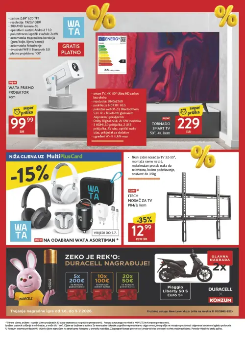 Konzum katalog — stranica 12: ITECH ITECH NOSAČ ZA TV PB4/B, WATA WATA PRISMO PROJEKTOR, TORNADO TORNADO SMART TV 50", 4K (vrijedi 19. 06. 2026.–19. 07. 2026.)