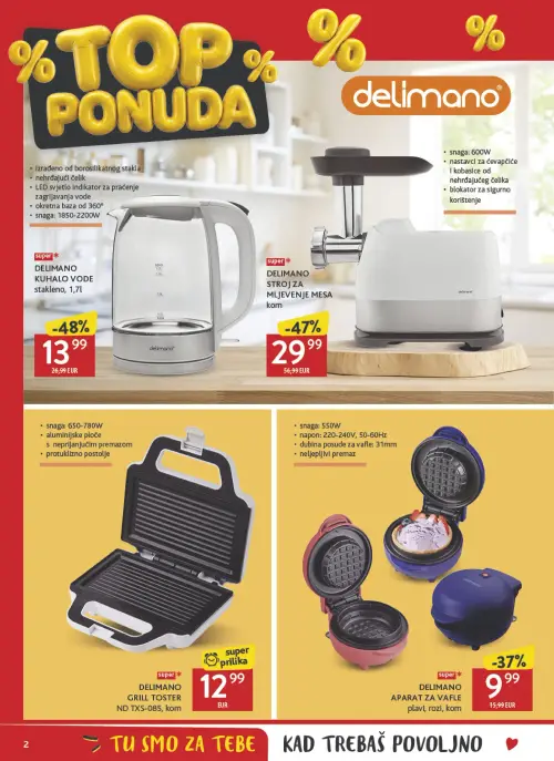 Konzum katalog — stranica 2: DELIMANO KUHALO VODE stakleno, DELIMANO STROJ ZA MLJEVENJE MESA, DELIMANO APARAT ZA VAFLE plavi, rozl, DELIMANO GRILL TOSTER ND TXS-085 (vrijedi 19. 06. 2026.–19. 07. 2026.)
