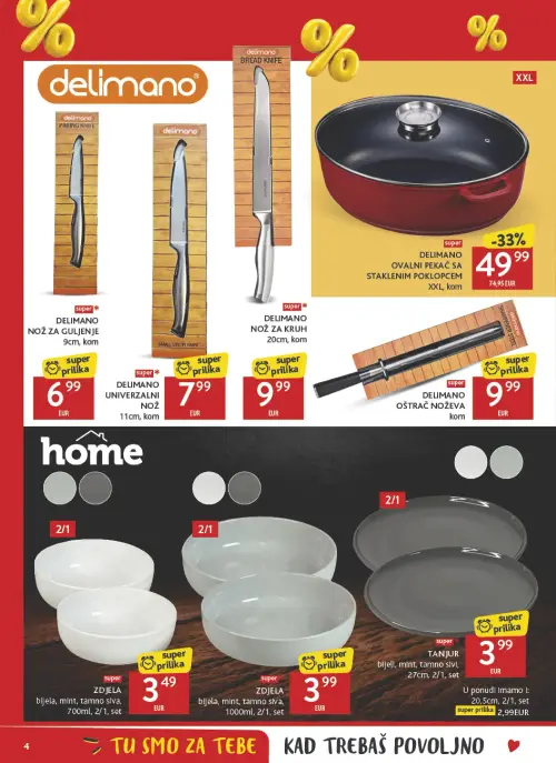Konzum katalog — stranica 4: Delimano DELIMANO OVALNI PEKAČ SA STAKLENIM POKLOPCEM XXL, Delimano DELIMANO OŠTRAČ NOŽEVA, Home ZDJELA, Home ZDJELA (vrijedi 19. 06. 2026.–19. 07. 2026.)