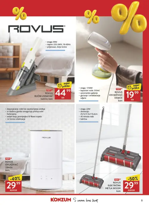 Konzum katalog — stranica 5: Rovus Električna metla Woom, Rovus Ovlaživač zraka, Rovus Ručni usisavač, Rovus Osvježivač odjeće (vrijedi 19. 06. 2026.–19. 07. 2026.)