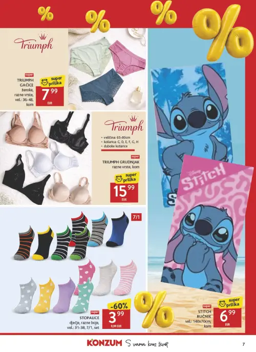 Konzum katalog — stranica 7: STOPALICE dječje, razne boje, Triumph GAĆICE ženske, razne vrste, Triumph GRUDNJAK razne vrste, STITCH RUČNIK (vrijedi 19. 06. 2026.–19. 07. 2026.)