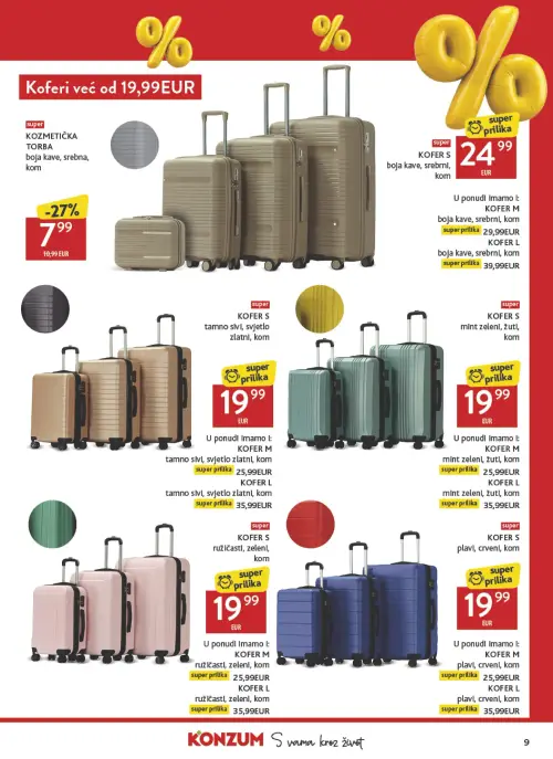 Konzum katalog — stranica 9: KOZMETIČKA TORBA boja kave, srebna, KOFER S boja kave, srebna, KOFER M boja kave, srebna, KOFER L boja kave, srebna (vrijedi 19. 06. 2026.–19. 07. 2026.)